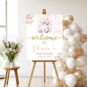 Tee-Party-Baby-Dusche-Willkommensschild bearbeitbar, Teezeit Blumen-Baby-Dusche-Willkommensplakat druckbare, Blush Blumen-Party-Dekor-Sofort-Download