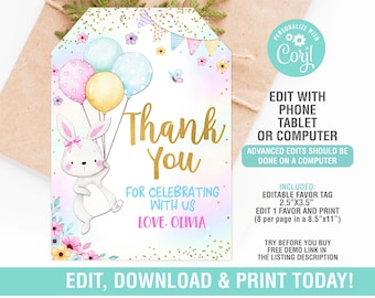 Etichette per bomboniere a forma di coniglietto MODIFICABILI, etichette regalo di compleanno a forma di coniglietto, etichette di ringraziamento, download immediato