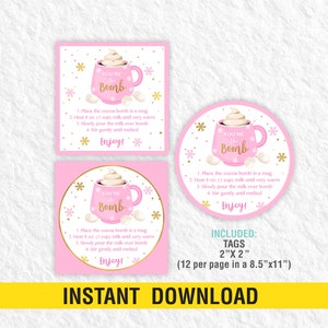Hot Chocolate Bomb Tag PRINTABLE, Hot Cocoa Bomb Instructions Card, Christmas Cocoa Pink Label Tag Instant Download