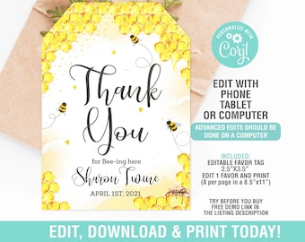 Bee Favor Tags Thank you Favor, BEE Baby Shower EDITABLE, Thank you Tags, Bee Birthday Favor Tag , Printable Instant Download