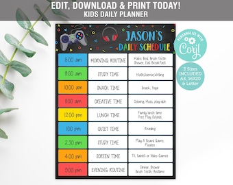 Home School Daily Planner Editable, Gamer Routine Schedule, Kids Daily Routine Schedule Editable, Daily Home School Planner, Printable