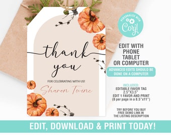 Pumpkin Favor Tags Editable, Little Pumpkin Favor Tags, Birthday Baby Shower Favor Tag, Fall Thank You Tag, Instant Download