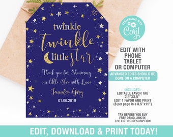 Twinkle Twinkle Little Star Baby Shower Favor tags EDITABLE, Gender Neutral,Navy and Gold invite Thank you tags, Gift tagzs Instant download