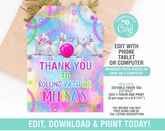 Bowling Thank You Tag EDITABLE, Bowling Tie Die Favor Tag, Bowling Rainbow Favor Tag, Instant Download