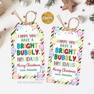 Etiqueta navideña de burbujas, brillante, editable, etiqueta navideña, etiqueta de recuerdo navideña para niños, plantilla de etiqueta de regalo para el aula (sin dulces)