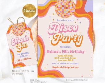 Editable Disco Party Birthday Invitation Template, Retro Groovy Party Invite Boho Hippe Disco Ball Party Invites, Instant Download