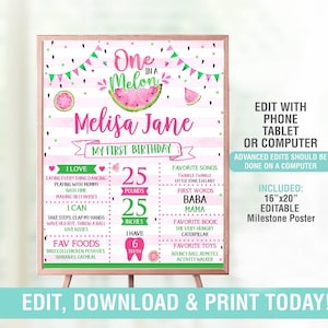 Affiche modifiable d'anniversaire avec pastèque rose, premier anniversaire pastèque rose, tableau de statistiques « One in a melon », imprimable