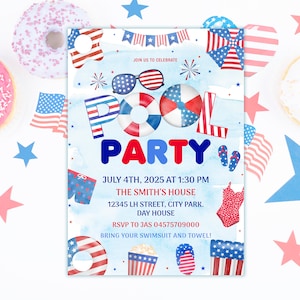 Puede incluir: Una invitaci&oacute;n azul y blanca para una fiesta en la piscina el 4 de julio de 2025 a la 1:30 PM. La invitaci&oacute;n presenta un flotador de piscina rojo, blanco y azul, gafas de sol y fuegos artificiales. El texto de la invitaci&oacute;n dice: "JOIN US TO CELEBRATE POOL PARTY JULY 4TH, 2025 AT 1:30 PM THE SMITH'S HOUSE 12345 LH STREET, CITY PARK. DAY HOUSE RSVP TO JAS 04575709000 BRING YOUR SWIMSUIT AND TOWEL!"