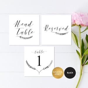 Printable Foldable Table Numbers (Flowers) 1 -50 Black & Gold Instant 5x5 Download with Reserved, Head Table Sign