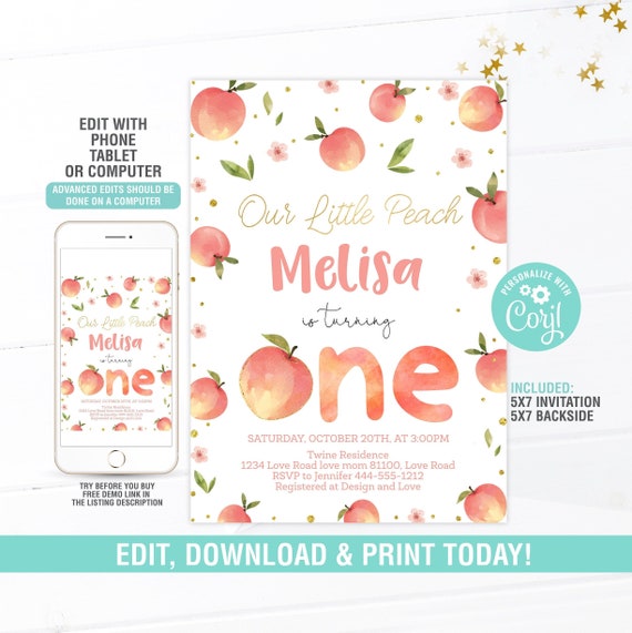 Peach First Birthday Party Invitation EDITABLE,Sweet As A Peach Invitation,Peach Birthday Invite,Little Peach Birthday Invite,Digital Il_570xn