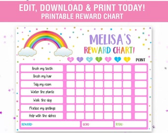 EDITABLE Rainbow Reward Chart,Girls Chore Chart Routine Printable Chart, Rainbow Responsibility Chart, Daily Weekly Chart