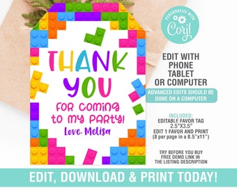 Building Blocks Party Tags EDITABLE, Building Blocks Party Favor Tags, Building Blocks Pink Thank you Tag, Instant Download