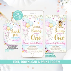 Bunny Birthday Invitation, Girl Party Invite, Cute Bunny Electronic Invitation, Bunny Evite, Bunny Thank You Tag, Editable image 1