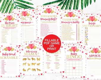 May include: A set of printable baby shower game cards with pink and gold hearts and confetti. The games include "The Price is Right", "BC's My Game", "Who Knows Mommy Best?", "Guess Who - Mommy or Daddy", "Emoji Pictionary", "Baby Word Scramble", "Who is My Mama?", "What's in Your Purse?", "Baby Bingo", and "Advice for the New Mommy".