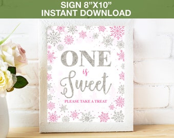Letrero "One is Sweet Take a Treat", letrero para el primer cumpleaños de Winter Onderland, letrero para fiesta con purpurina rosa y dorada, decoración imprimible para fiesta del primer cumpleaños de princesa