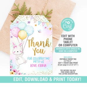 Bunny Birthday Invitation, Girl Party Invite, Cute Bunny Electronic Invitation, Bunny Evite, Bunny Thank You Tag, Editable image 3