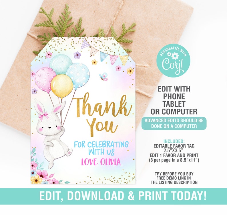 Bunny Birthday Invitation, Girl Party Invite, Cute Bunny Electronic Invitation, Bunny Evite, Bunny Thank You Tag, Editable image 3