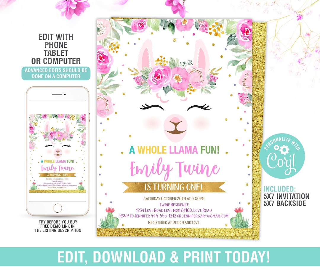 Llama Invitation, Llama Birthday Invitation EDITABLE, Whole Llama Fun ...