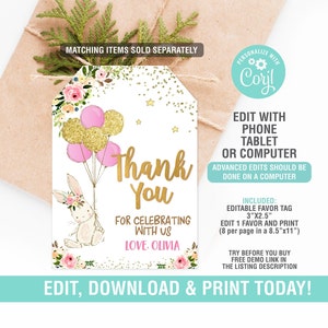 Puede incluir: Etiqueta de agradecimiento editable con un dise&ntilde;o de globos rosas y dorados, un conejito y detalles florales. El texto dice "Gracias por celebrar con nosotros Con cari&ntilde;o, Olivia".