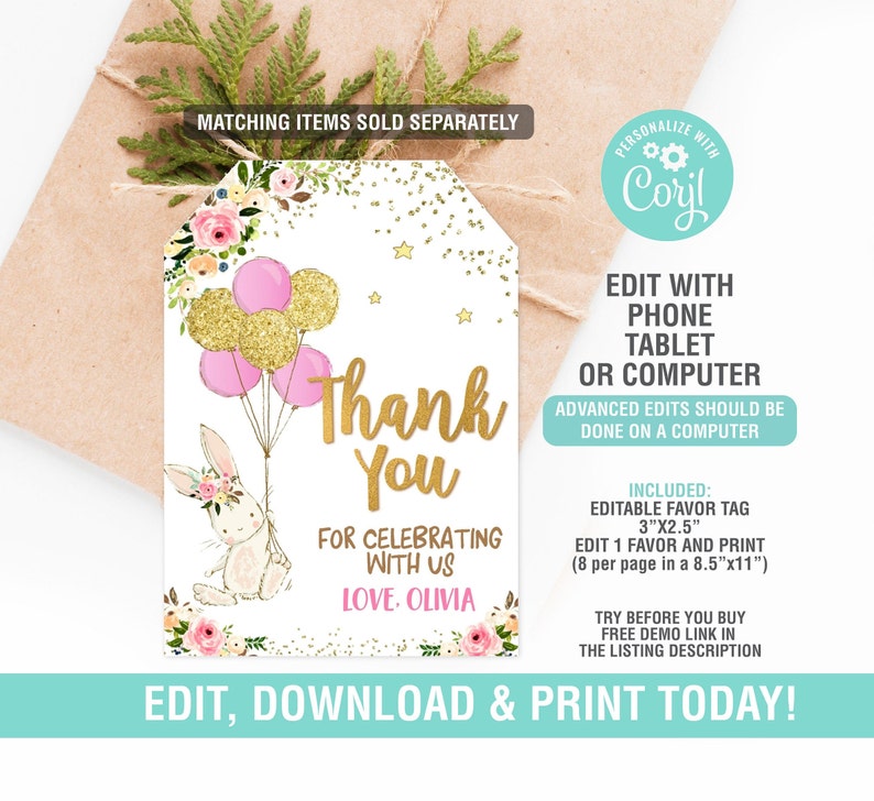 Puede incluir: Etiqueta de agradecimiento editable con un dise&ntilde;o de globos rosas y dorados, un conejito y detalles florales. El texto dice "Gracias por celebrar con nosotros Con cari&ntilde;o, Olivia".