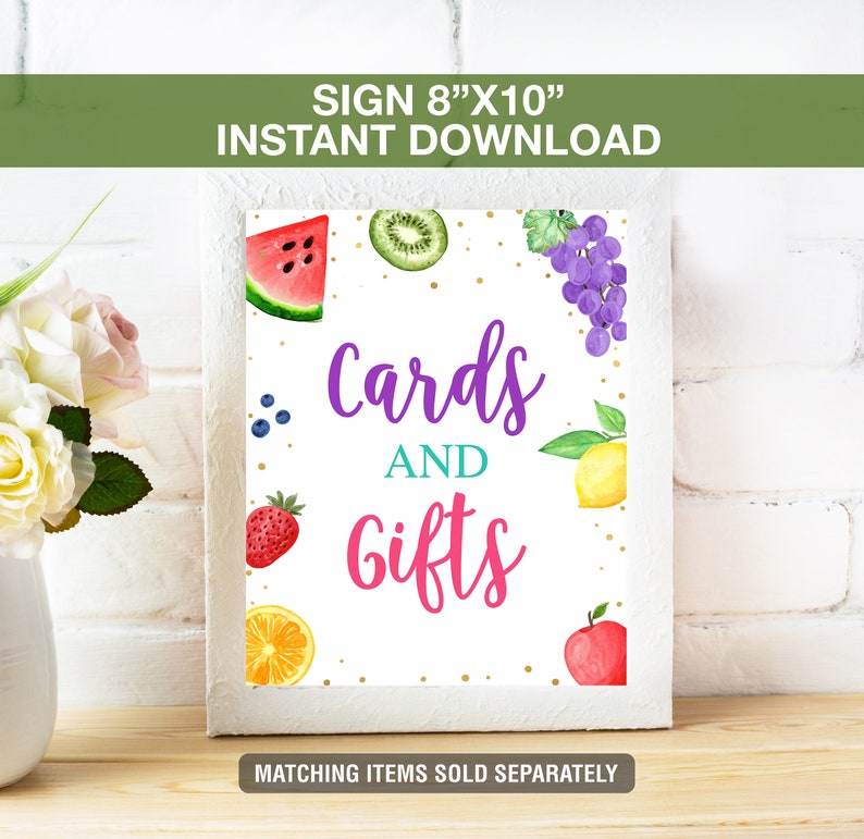 May include: White framed sign, 8"x10", with watercolor fruit illustrations and the words "Cards and Gifts". The sign includes a watermelon slice, kiwi, grapes, blueberries, strawberry, orange slice, lemon, and apple. The text "Instant Download" is at the top.