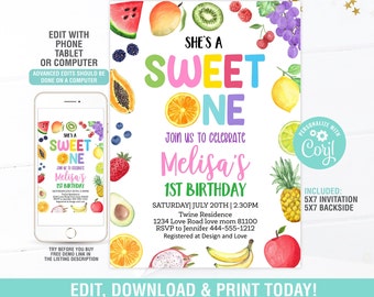 EDITABLE Tutti Frutti First Birthday Invitation,Summer Birthday Invitation, Tutti Frutti Tropical Summer Party Fruit Party