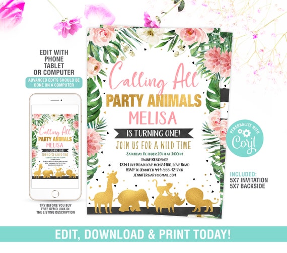 Safari birthday Invitation Girl, Wild One Invitation, Safari Safari Invitation, Jungle Invite, Safari 1st Birthday Party EDITABLE Il_570xn