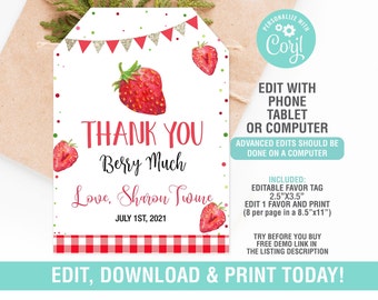 Strawberry Favor Tags EDITABLE, Thank You Tags, Strawberry Thank You Tags Berry Much Tag, Instant Download