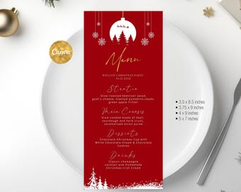 May include: A red Christmas party menu card with gold text and white snowflake and tree accents. The menu lists starters, main courses, desserts, and drinks. The card is 3.5 x 8.5 inches.