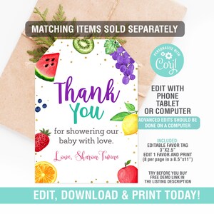 May include: A white favor tag with watercolor illustrations of fruits like watermelon, grapes, and a lemon. The tag reads "Thank You" in purple and teal script, with additional text. The tag is 3"x2.5" and can be edited and printed.
