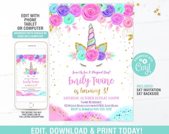 Editable Unicorn Invitation, 1st Birthday,Unicorn Party, Birthday Invitations, Magical Unicorn Invitation,Girl Gold Templete Digital