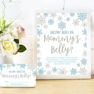 Guess How Big Mommy&#39;s Belly is Game Printable,Snowflake Baby Shower Games, Winter Baby Shower Game, Belly Guessing Game Instant Download