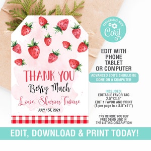 Strawberry Favor Tags EDITABLE, Thank You Tags, Strawberry Thank You Tags Berry Much Tag, Instant Download