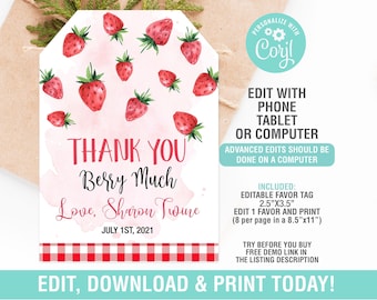 Strawberry Favor Tags EDITABLE, Thank You Tags, Strawberry Thank You Tags Berry Much Tag, Instant Download