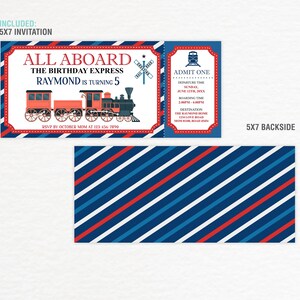 May include: A 5x7 inch train-themed birthday invitation card featuring a red, white, and blue color scheme. The front displays a steam locomotive graphic with the text ALL ABOARD THE BIRTHDAY EXPRESS RAYMOND IS TURNING 5 and ADMIT ONE. The backside features a diagonal striped pattern in red, white, and blue.