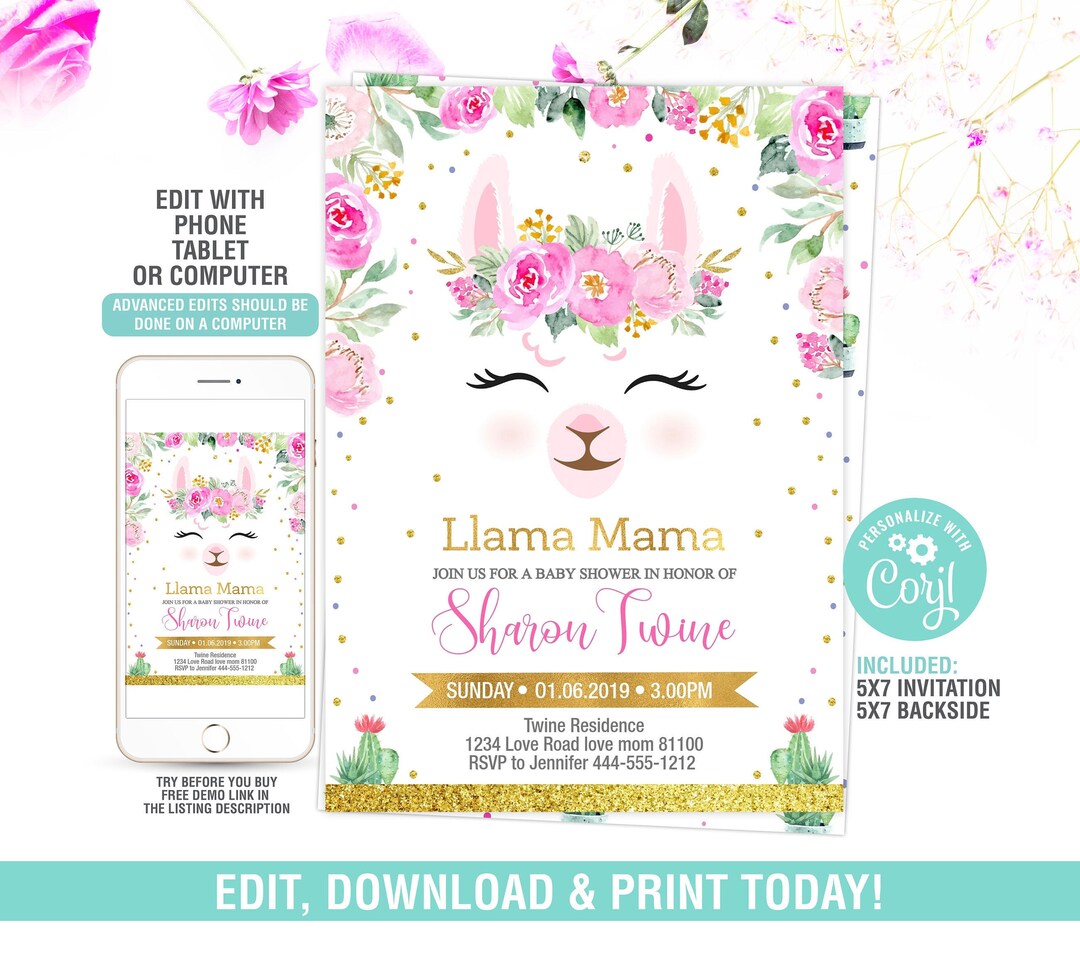 Llama Baby Shower Invitation EDITABLE, Llama Mama Invite, Llama Theme ...