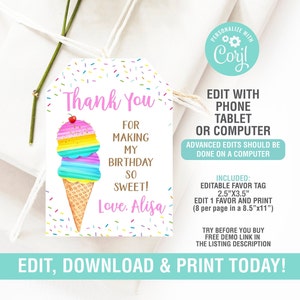 Ice Cream Favor Tag, Ice Cream Sundae Thank You Tags, Ice Cream Cone Party, Ice Cream Gift Tags, Tags Editable, Rainbow ice cream, Birthday