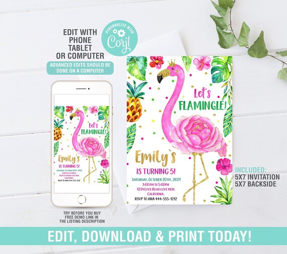Flamingo Birthday Invitation EDITABLE,Let's Flamingle Invite, Girl Flamingo Party Invitation