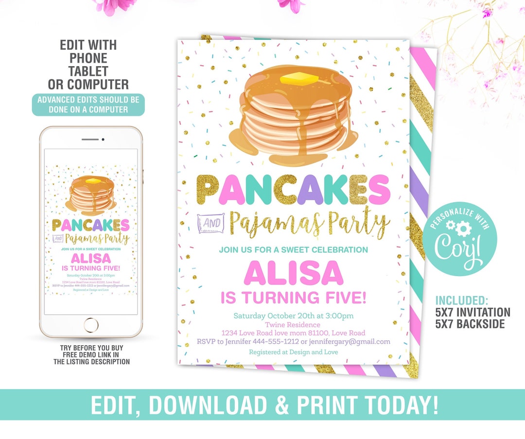 pancakes-and-pajamas-invitation-pancakes-birthday-party-pajamas-birthday-invitation-pancake-party-printable-editable-file-etsy
