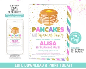 Pfannkuchen und Pyjama-Einladung, Pfannkuchen-Geburtstagsfeier, Pyjama-Geburtstagseinladung, Pfannkuchenparty, druckbare, bearbeitbare Datei