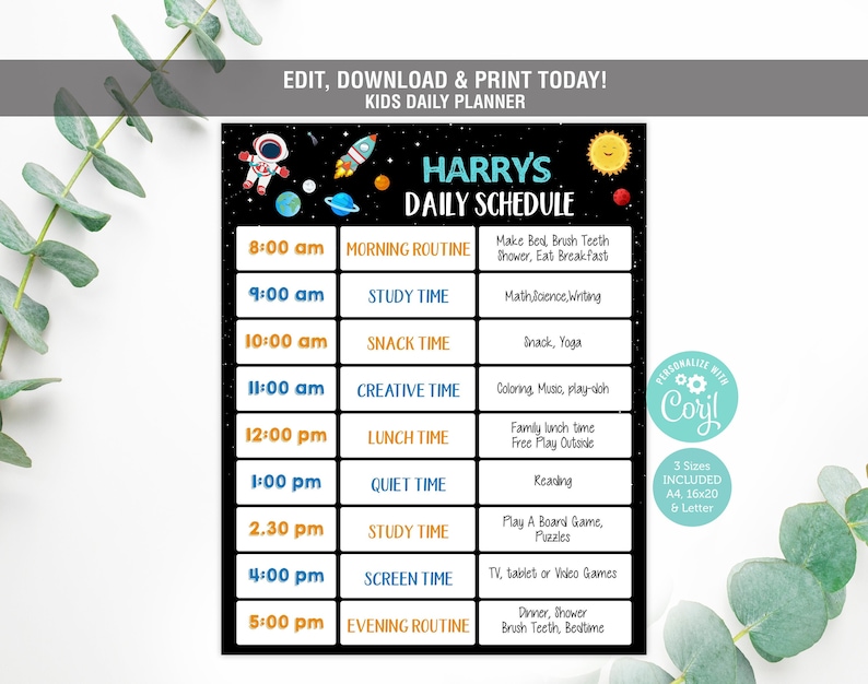Editable Home School Daily Planner, Space Routine Schedule Chart, Boy ...
