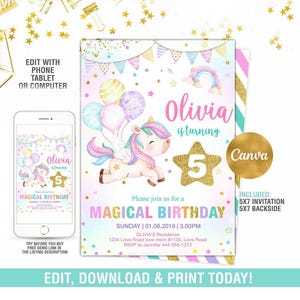 ユニコーンの誕生日招待状（年齢制限なし）編集可能、ユニコーンパーティー、ユニコーンの誕生日招待状、魔法のユニコーン招待状テンプレート（デジタル）