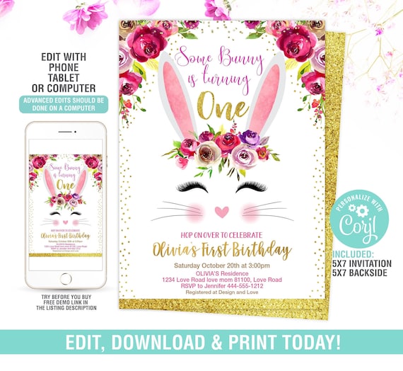 Bunny Birthday Invitation EDITABLE,Some Bunny Birthday Invitation,Bunny 1st Birthday Invite, Easter Floral Bunny Invite Party,Printable