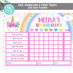EDITABLE Unicorn Reward Chart,Unicorn Chore Chart, Unicorn Behavior chart, Kids Chart, Daily Weekly Chart Printable