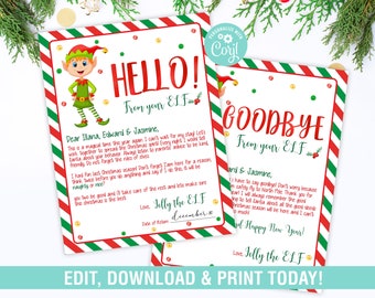 May include: Two Christmas-themed printable letters. One says "HELLO! From your ELF" with an elf illustration. The other says "GOODBYE From your ELF". Both have red and green borders and text.