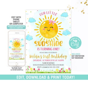 Editable Sunshine Birthday Invitation Template, Sunshine First Birthday Invitation Girl, Birthday Invite, Instant Download