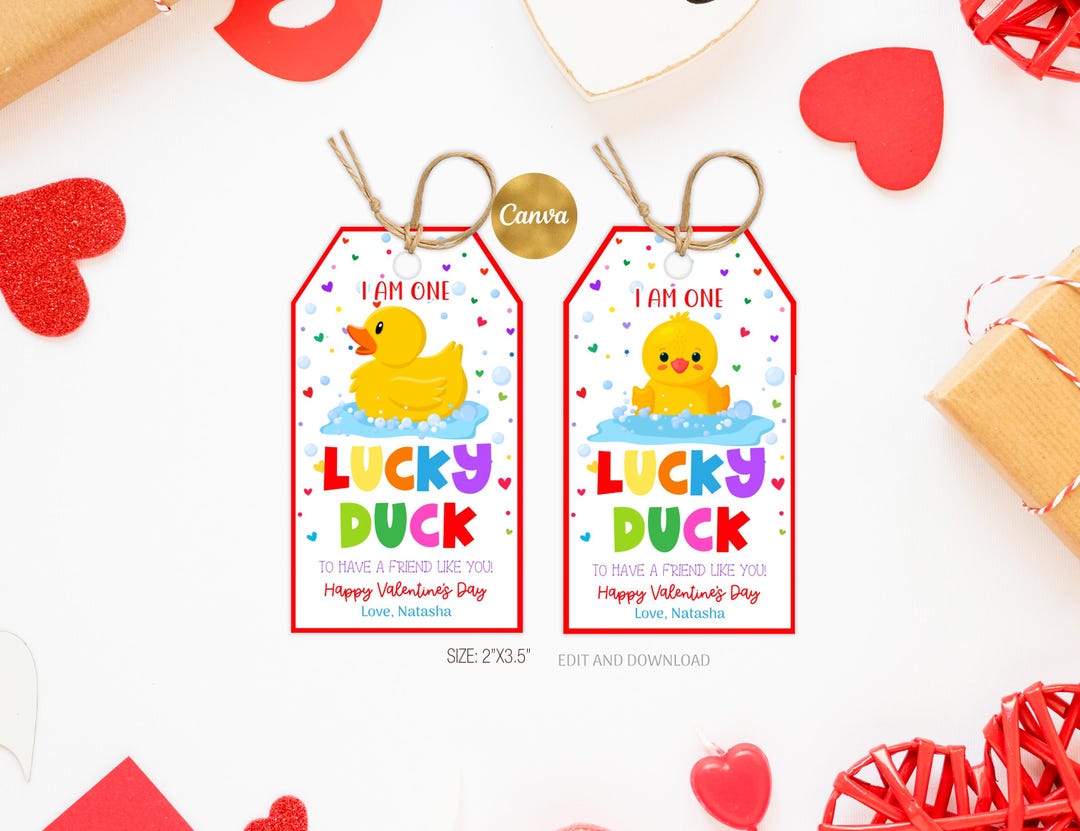 Lucky Duck Valentine’s Day Tag Editable Kids Classroom Valentine Rubber ...