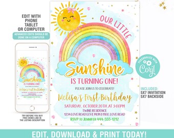Sunshine Birthday Invitation Editable, Sunshine First Birthday Invitation Girl Instant Download