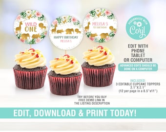 Safari Cupcake Toppers EDITIERBAR, Dschungel Topper, Safari Label, Tiere Topper, Wild One Cupcake, Mädchen Dschungel Party Kuchendekor Label Printable