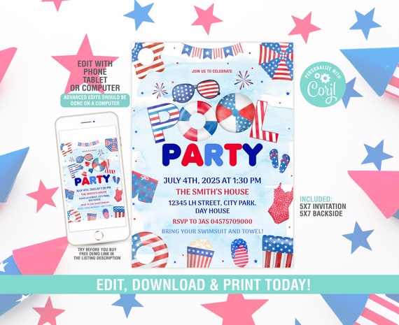 4th July Pool Party Invitation Template, July Fourth Swimming Party Invite, Editable Independence Day Invitation, Patriotic Instant Download
